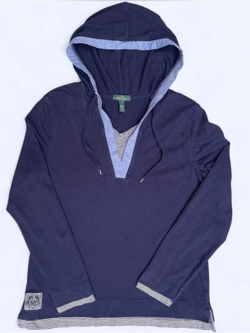 Lauren Jeans Co. Navy Hooded Long Sleeve Shirt nautical coastal resort spring L